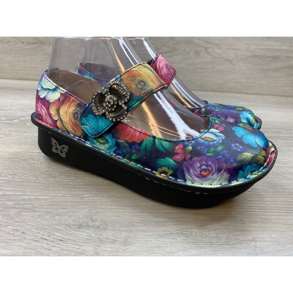 Alegria Paloma Women's Midnight Garden Floral Leather 5.5 Mary Jane Clogs Shoes
